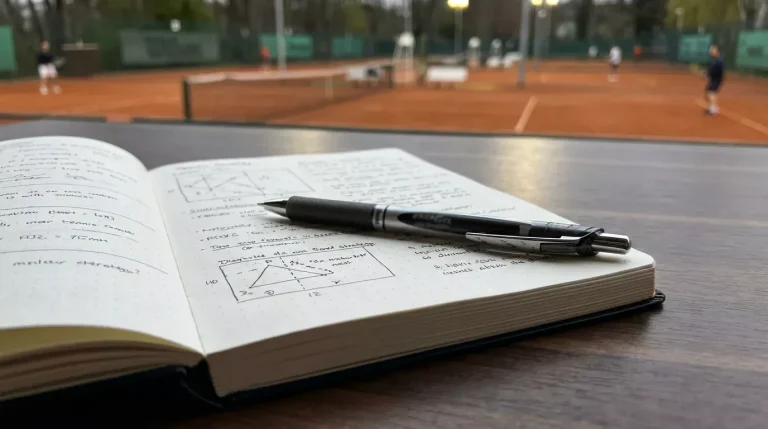 Carnet de notes ouvert avec un stylo sur une table près d'un court en terre battue
