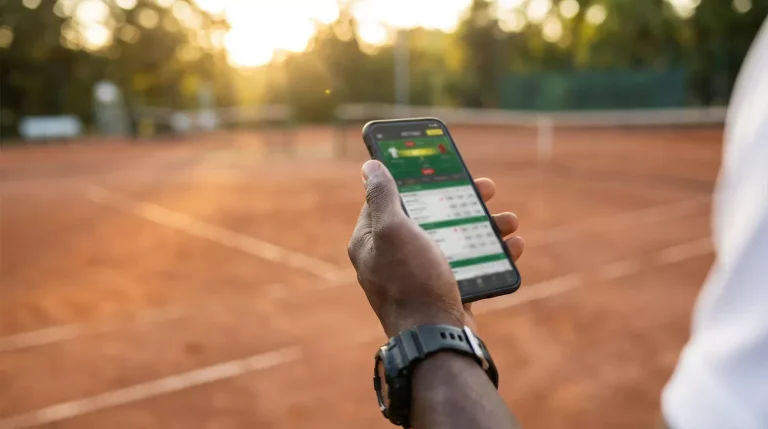 Main tenant un smartphone devant un court de tennis en terre battue