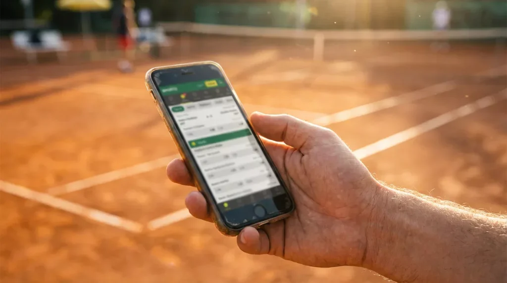 Smartphone affichant un pari sportif tennis sur un fond de court en terre battue