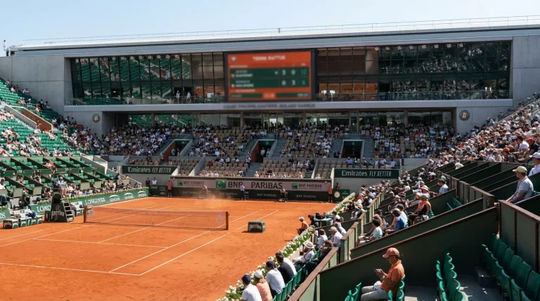 Tableau d'affichage des scores sur le court Philippe-Chatrier à Roland Garros avec les gradins en arrière-plan