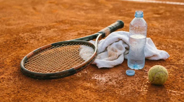 Raquette de tennis posée sur un court en terre battue avec une serviette et une bouteille