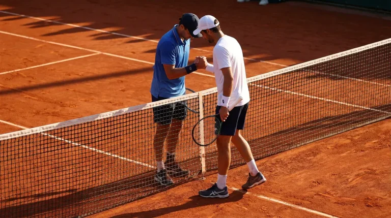 Deux joueurs de tennis se serrant la main au filet sur terre battue