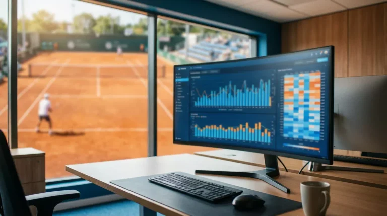 Écran d'ordinateur affichant des données analytiques avec un court de tennis en fond