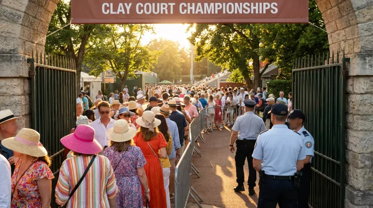 Entrée du stade Roland Garros avec des spectateurs faisant la queue