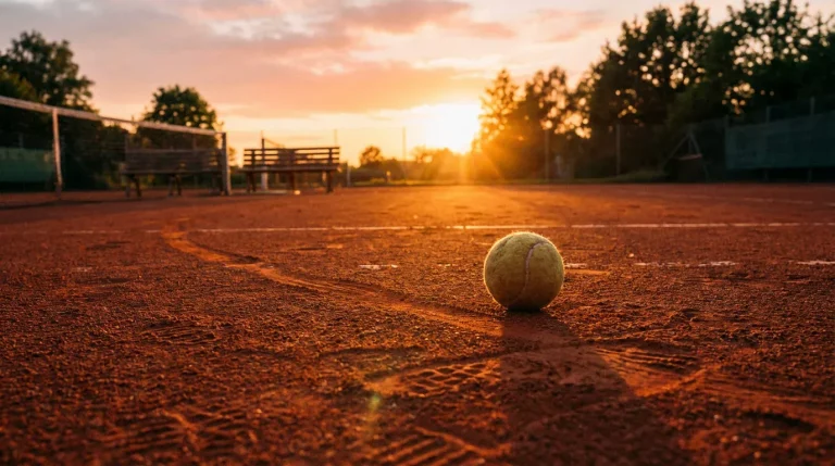 Balle de tennis posée calmement sur un court en terre battue au coucher du soleil