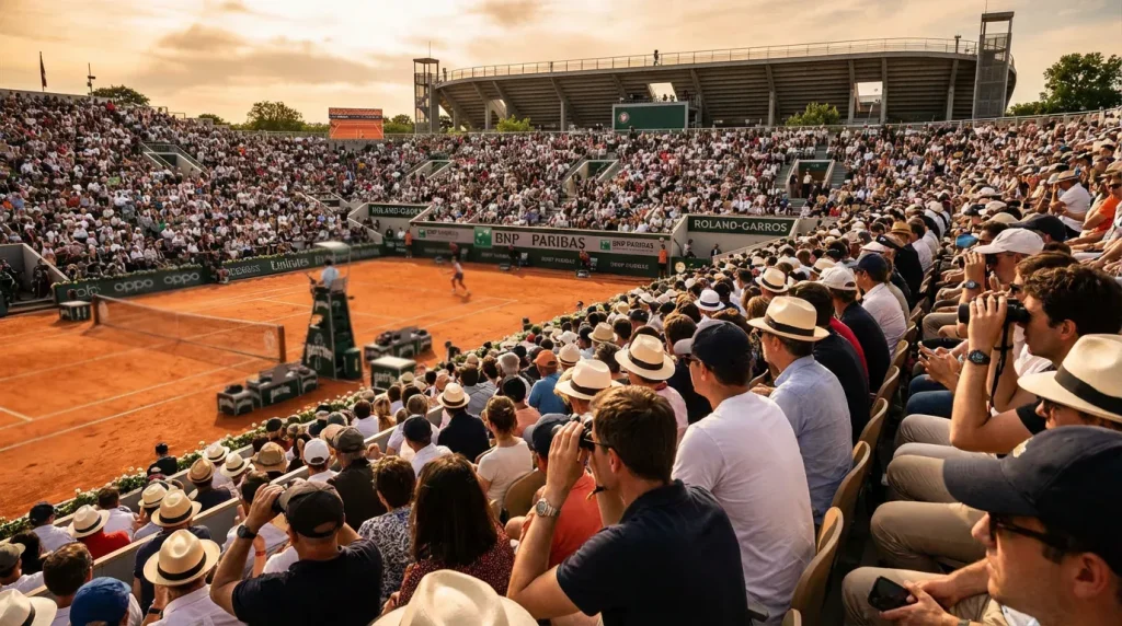 Tribunes remplies de spectateurs suivant un match de tennis en direct sur le court central de Roland Garros