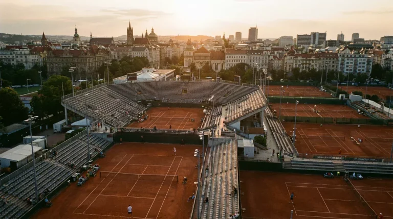 Vue aérienne du stade Roland Garros avec la ville de Paris en arrière-plan