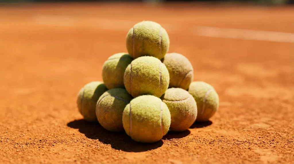 Balles de tennis empilées en pyramide sur un court en terre battue
