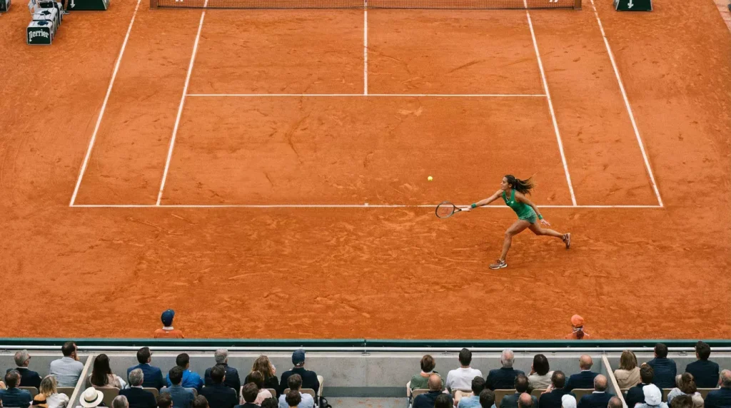 Vue plongeante sur un court en terre battue de Roland Garros pendant un échange