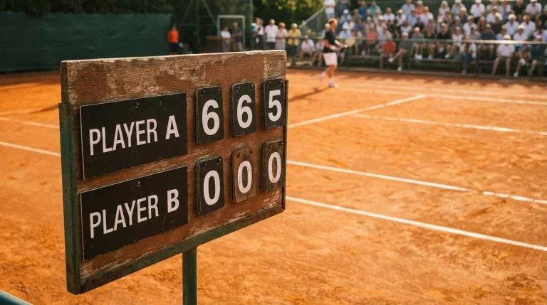 Tableau de score de tennis sur terre battue montrant un écart de jeux entre deux joueurs