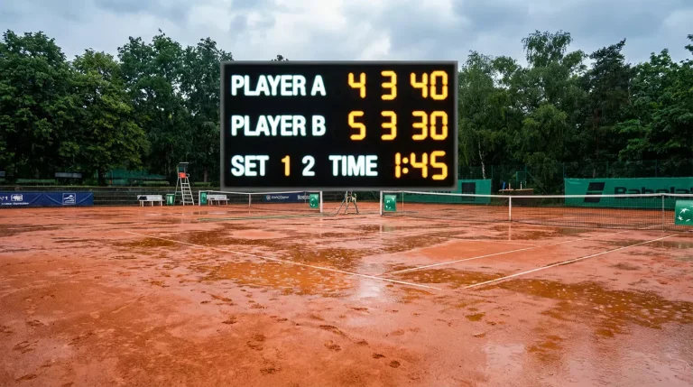 Tableau d'affichage des scores sur un court en terre battue de Roland Garros