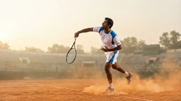 Joueur de tennis en position de service sur un court en terre battue