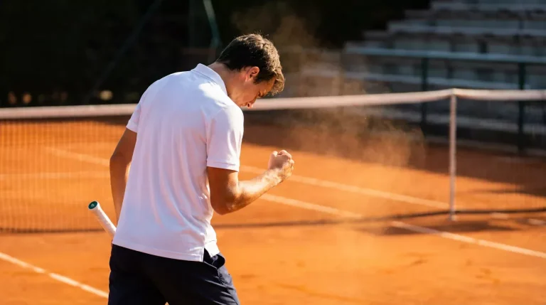 Joueur de tennis célébrant la fin d'un set sur terre battue