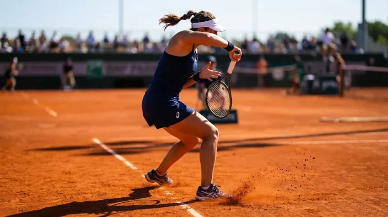 Joueuse de tennis frappant un coup droit sur terre battue à Roland Garros