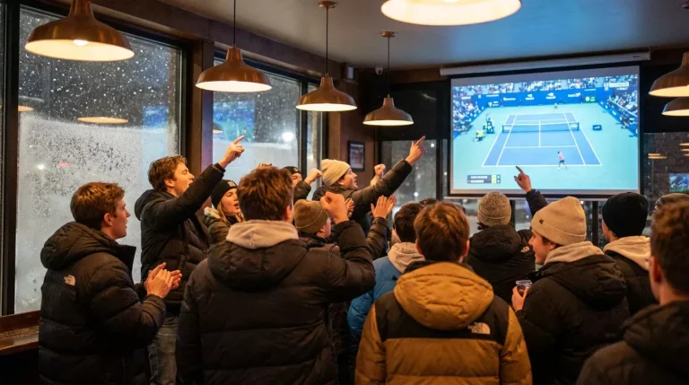 Groupe de spectateurs regardant un match de tennis sur un écran dans un bar sportif
