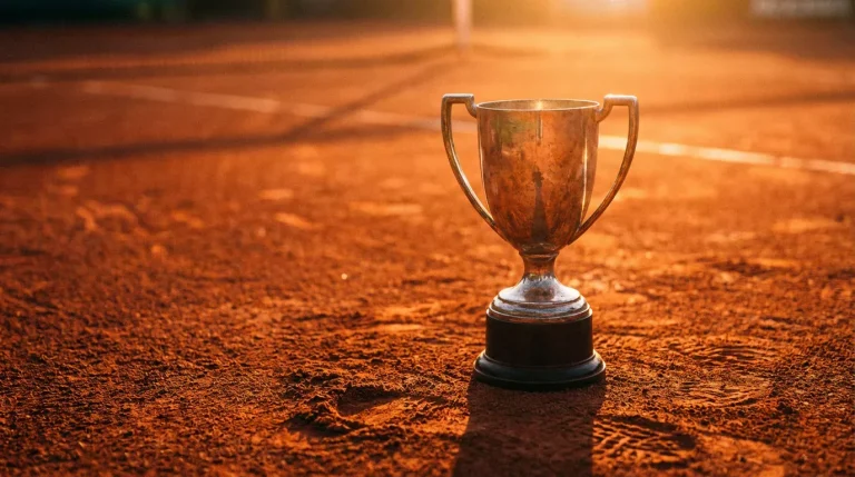 Trophée de la Coupe des Mousquetaires sur un fond de terre battue