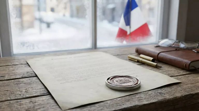 Document officiel posé sur un bureau avec un drapeau français en arrière-plan