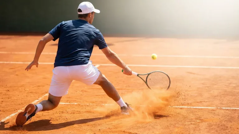 Joueur de tennis glissant sur terre battue pour atteindre une balle
