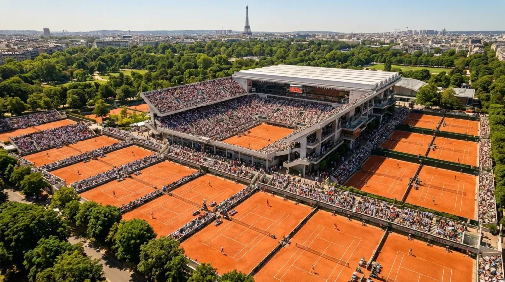 Vue du stade Roland Garros pendant un match, illustration de l'économie du tournoi de tennis