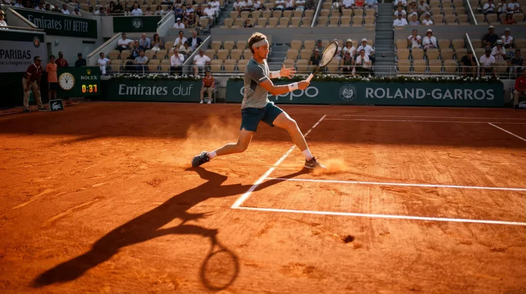 Joueur de tennis en plein échange sur terre battue orangée à Roland Garros avec la lumière du soleil rasante