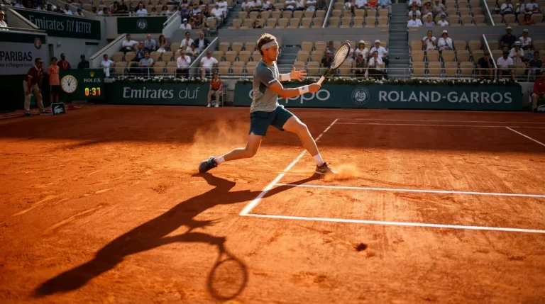 Joueur de tennis en plein échange sur terre battue orangée à Roland Garros avec la lumière du soleil rasante