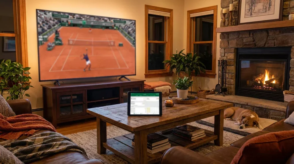 Téléviseur affichant un match de tennis avec une tablette à côté