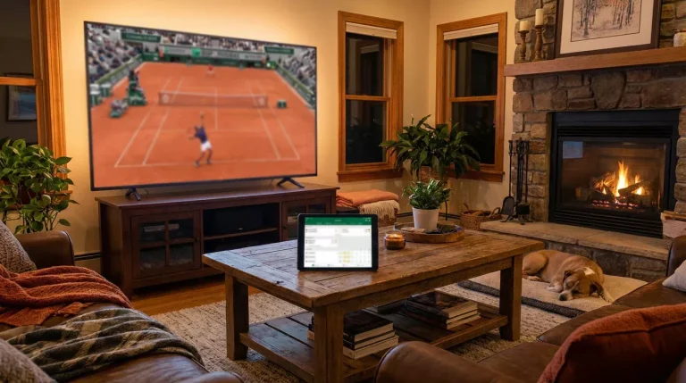 Téléviseur affichant un match de tennis avec une tablette à côté