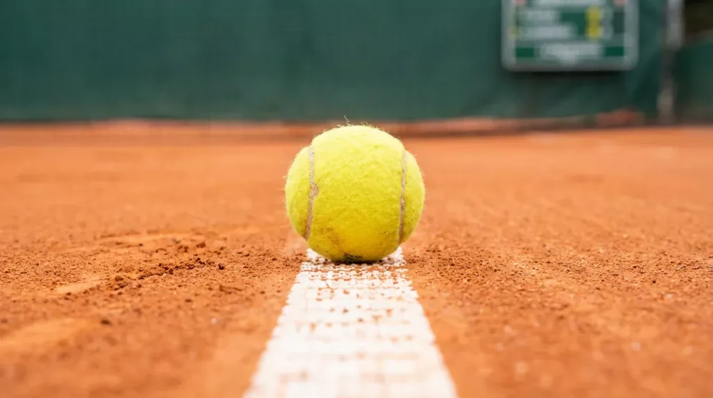 Vue rapprochée d'une balle de tennis posée sur la ligne blanche d'un court en terre battue à Roland Garros