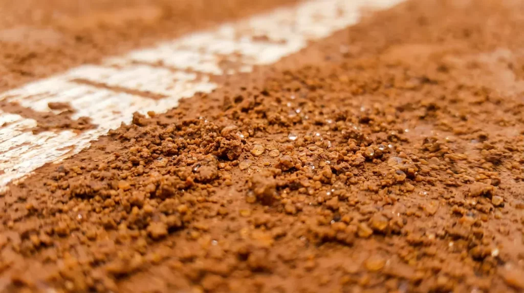 Gros plan sur la surface en terre battue avec les lignes blanches du court
